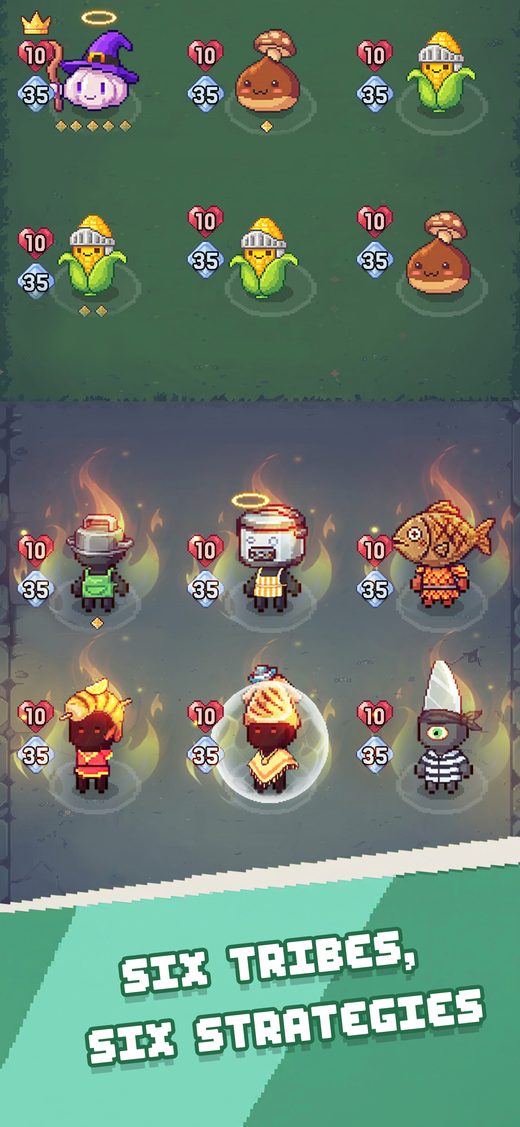 Two boards of units from different factions. Caption: six tribes, six strategies.